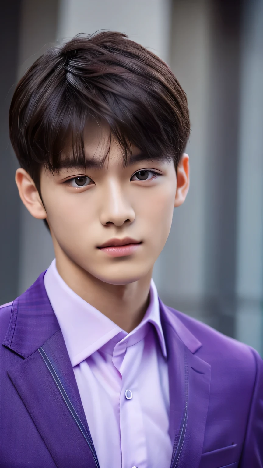 Highest quality, masterpiece, Ultra-high resolution, (Realistic: 1.4), Original photo, wallpaper, Head Photo, skin, Simple Background, Iris, detailed, Selfie, 1 boy, 18-year-old, good looking, Wind,Purple Suit