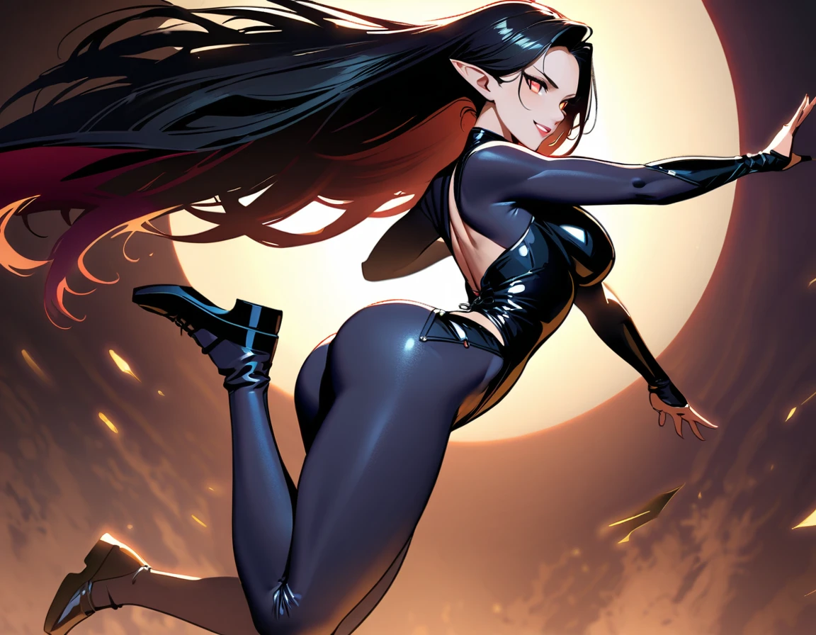 A close-up shot of the dark assassin's face, her wicked smile captivating as she gazes directly into the camera. Her jet-black skin glows in the dimly lit setting, accentuating her porcelain-like complexion. Pointy ears and striking features are framed by raven-black hair, flowing like silk down her back. A tight ninja suit hugs her toned physique, showcasing hidden weapons and an air of deadly precision. The atmosphere is dark, foreboding, with subtle hints of crimson and obsidian hues casting a sense of menace and allure., perfect anatomy, ideal facial features, ideally proportioned figure, perfectly beautiful body, ( Jumping Upper kick, acrobatic pose, dynamic pose,  stylish pose, motion lines),
