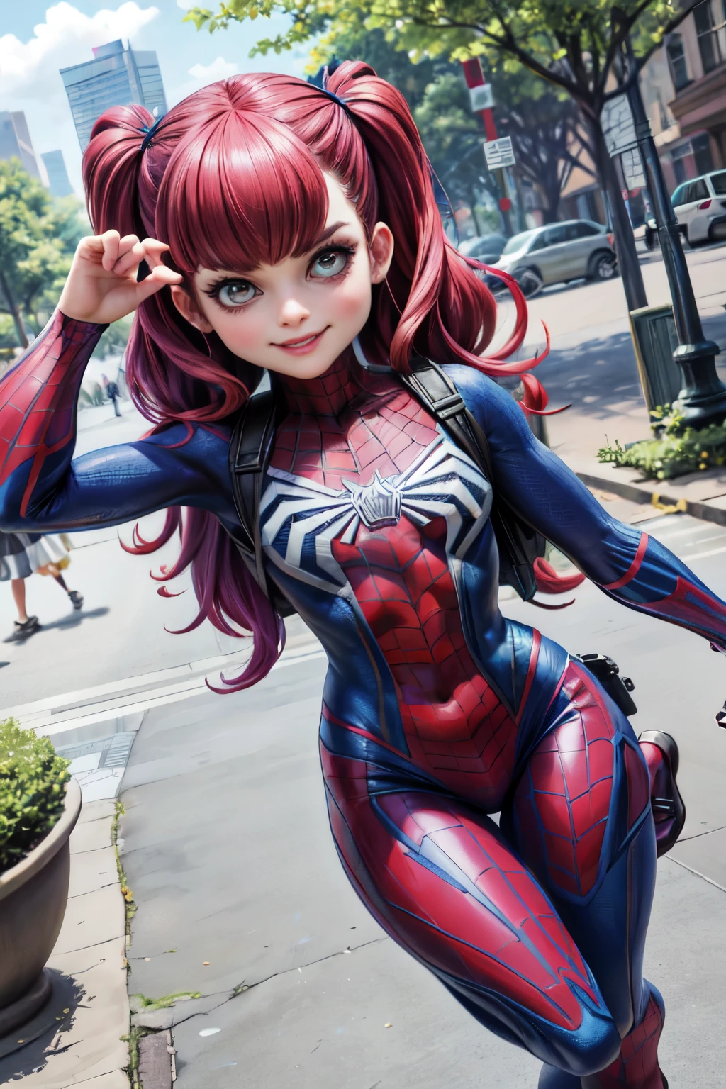 4k, realistic, carismatic, very detail, there is a girl in a park wearing spiderman costum, she is a spiderman, super hero theme, beautiful hair, 25 years old, full body