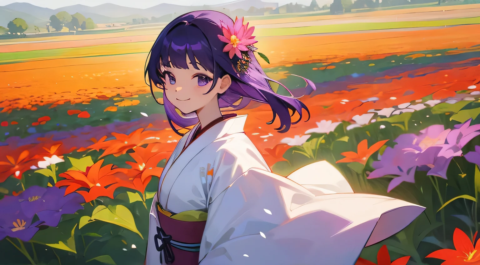summer, flower field,, kimono, smile, purple hair, japanese girl