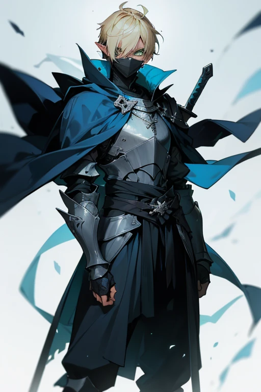 man, blond hair, short hair, green eyes, wears a mask that covers his entire face, only leaving his eyes and ears showing and his hair is also showing, pointy ears, wears a blue cloak with a contrasting black and has a symbol of a dragon with a white sword on it, he wears armor on his waist, the scene is a field full of swords stuck in him