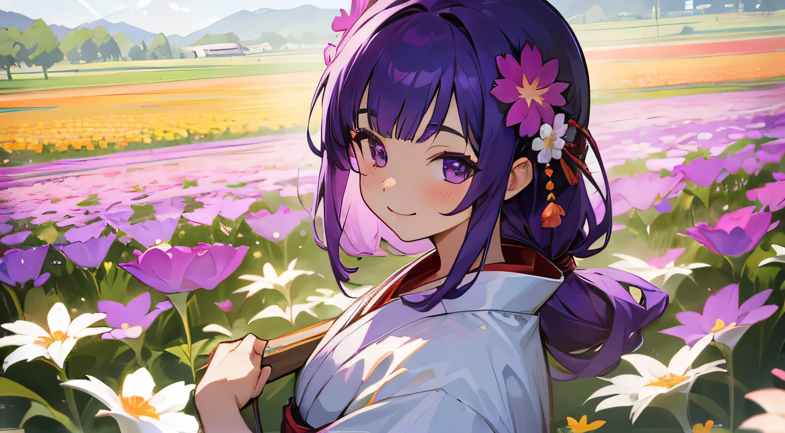 summer, flower field,, kimono, smile, purple hair, japanese girl