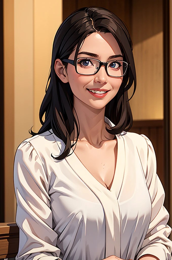 8k, highest quality, masterpiece, Realistic, Photorealistic, Ultra-detailed, Natural light, large breasts with good shape, I can see her cleavage, 1 person, 40-year-old woman, Black Hair, Beaver, Straight Hair, Silver-rimmed glasses, (Look at the viewers), Knitted V-neck shirt, Highly detailed face and skin, Detailed eyes, Highly detailed face and skin,日Book人,Mature Woman,Book,A big smile
