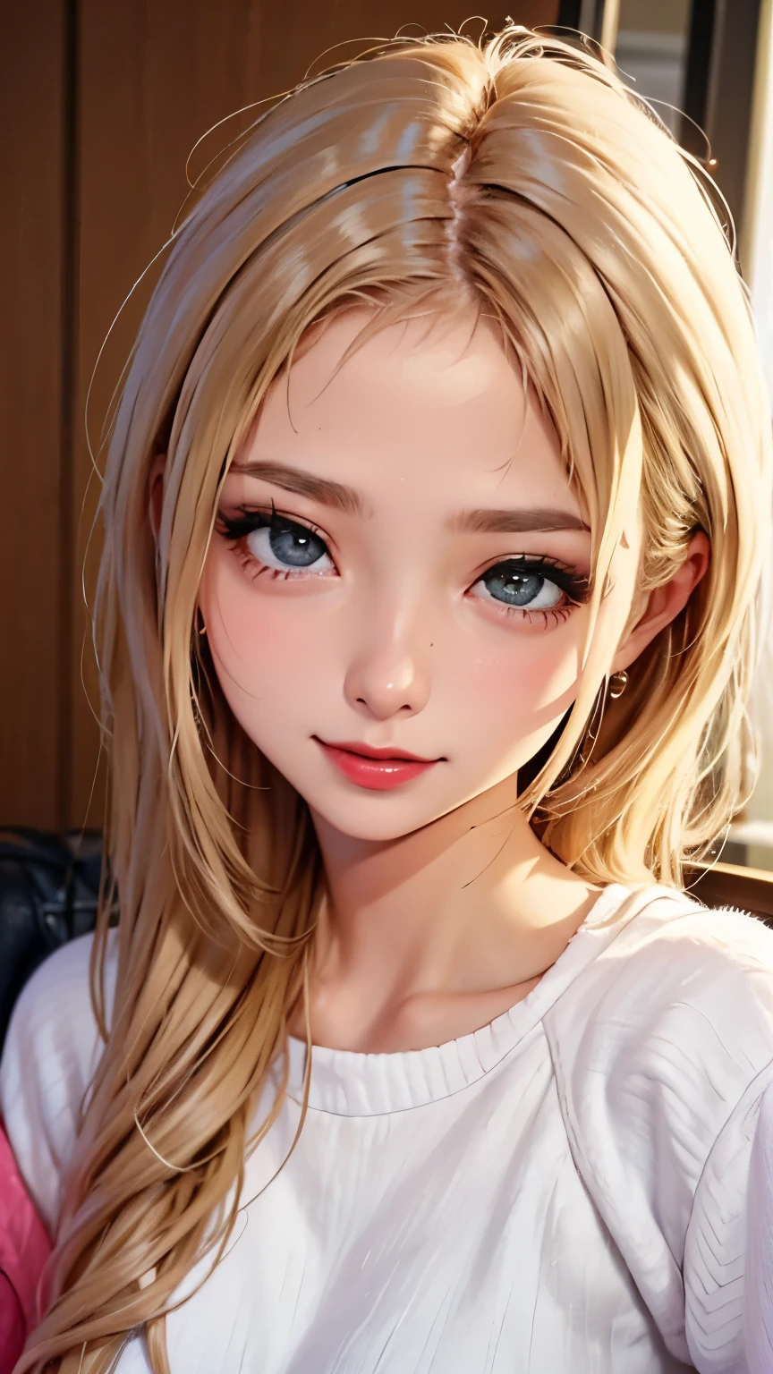 blush a little and smile, (Top quality masterpiece:1.2) Delicate illustrations, Very detailed, /Beautiful Japanese Women、1 person,Very cute and slim、Great style 、((8K images、super high quality))、Very delicate face, Skin and Hair、beautifule forehead、Red lipstick、(((((Shortcuts、Blonde))))),Very cute Japanese cut face、Eyes and nose are clearly visible、Kind eyes,((((Casual Fashion))))