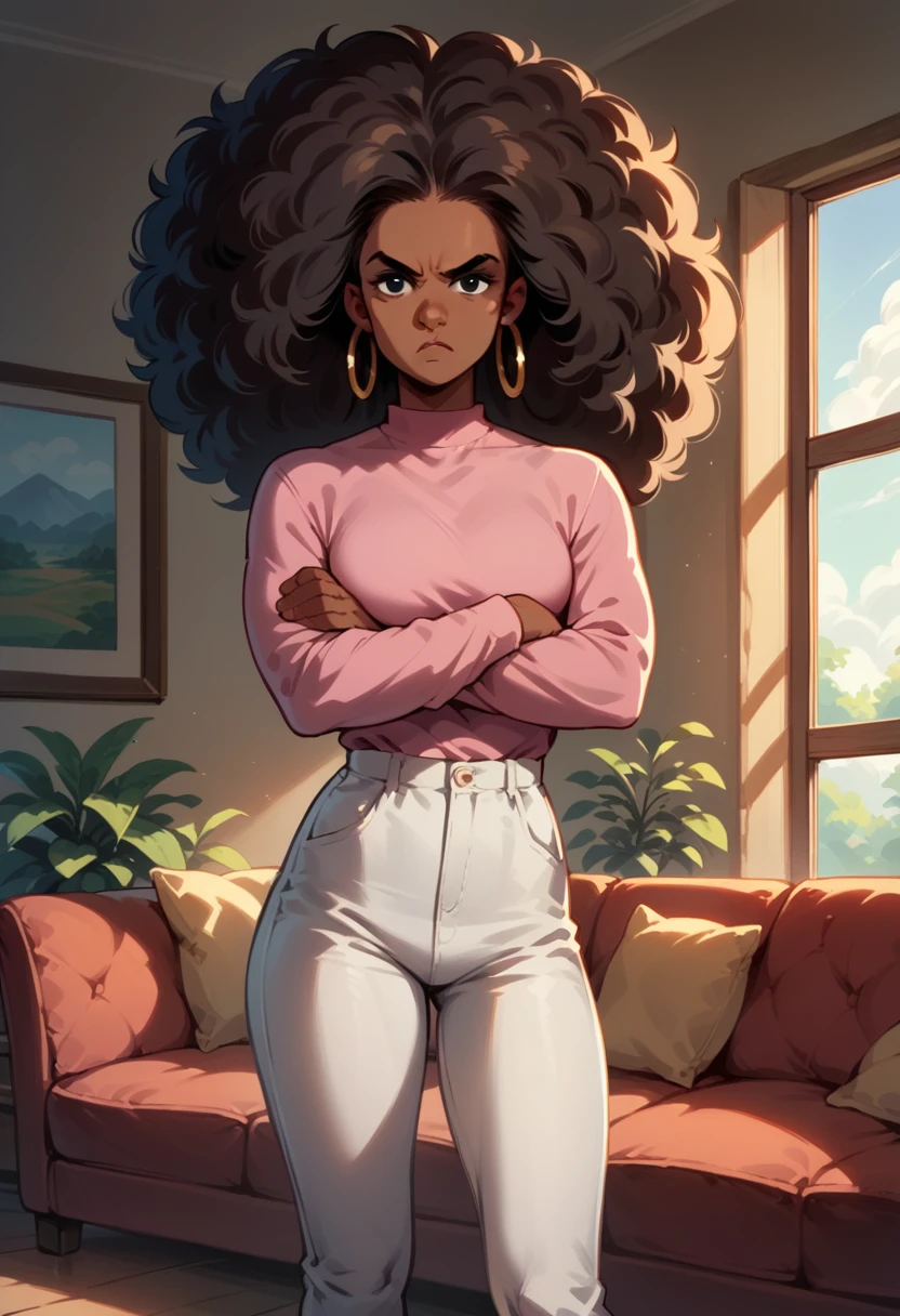 Peg Pete, red big hair, black eyes, animal nose, pink shirt, dark skin, hoop earrings, white pants, looking at viewer, serious, standing, arms crossed, inside cozy living room, sofa, window, sunny, high quality, masterpiece