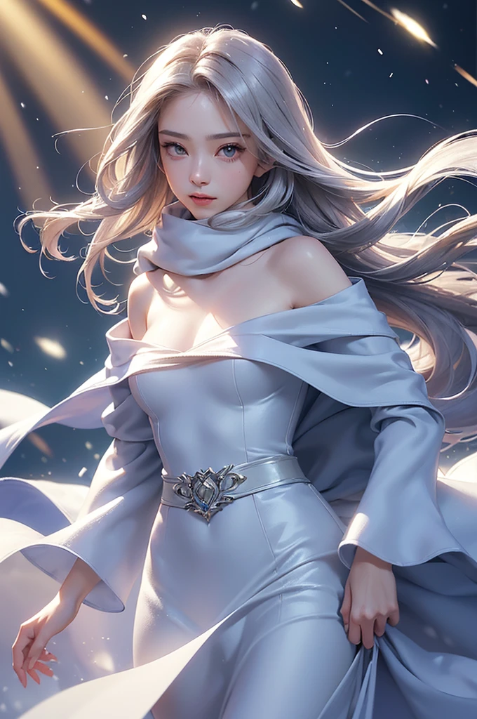 ((masterpiece:1.5、8k、Portraiture、フォトリアリスティックでVery detailedなCG、Very detailed、Particle Effects、Dynamic Effects、Shallow depth of field、Cinematic Light、Lens flare、Ray Tracing、Tabletop、Realistic:1.4、Ultra-high resolution:1.2、Realistic、Realistic))((alone、,A woman wearing a cashmere coat over an off-the-shoulder dress:1.4、wear a long scarf、Elegant woman posing、Detailed face、bright表情、young, bright, Whiter skin、Ample breasts、Best Looks、Ultimate beauty、Shiny silver hair with highlights、bright and shiny hair,、Super long, Silky straight hair、Hair dancing in the wind))(morning、The setting is outdoors in the snow、Surrounded by illuminations)
