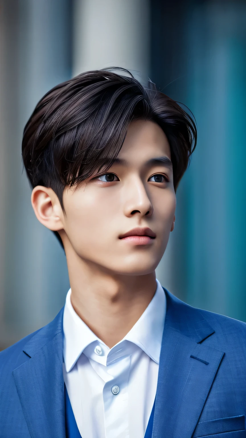 Highest quality, masterpiece, Ultra-high resolution, (Realistic: 1.4), Original photo, wallpaper, Head Photo, skin, Simple Background, Iris, detailed, Selfie, 1 boy, 18-year-old, good looking, Wind,Blue suit