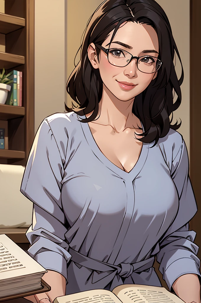 A beautiful woman, short brown hair, dark red lips, jean and and shirt, square glasses, medium breasts, ager