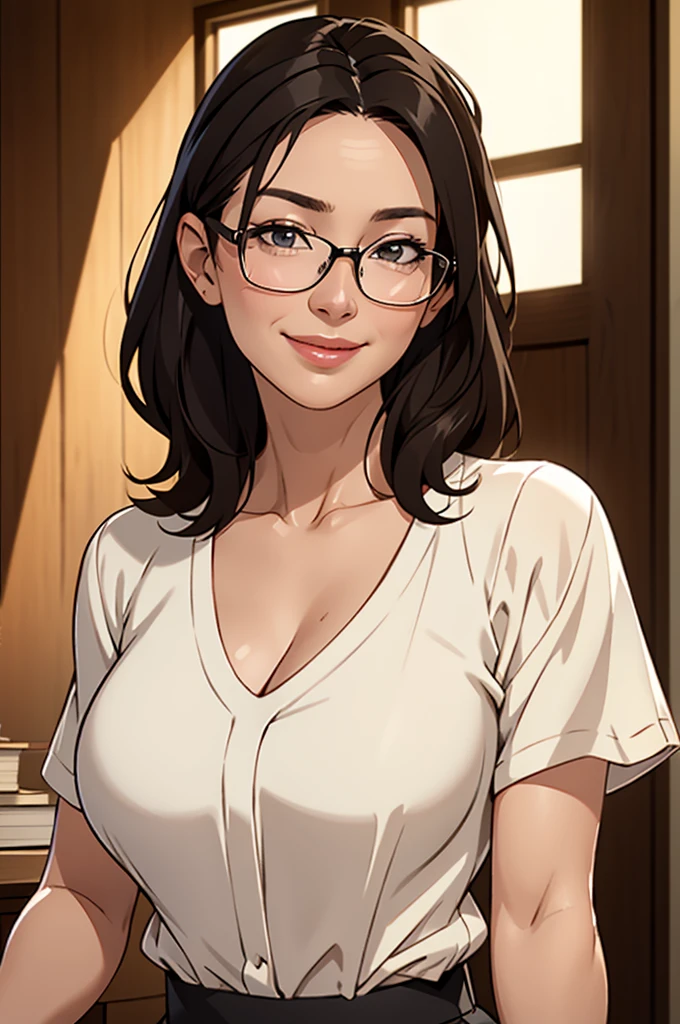 8k, highest quality, masterpiece, Realistic, Photorealistic, Ultra-detailed, Natural light, large breasts with good shape, I can see her cleavage, 1 person, 40-year-old woman, Black Hair, Beaver, Straight Hair, Silver-rimmed glasses, (Look at the viewers), Knitted V-neck shirt, Highly detailed face and skin, Detailed eyes, Highly detailed face and skin,日Book人,Mature Woman,Book,A big smile