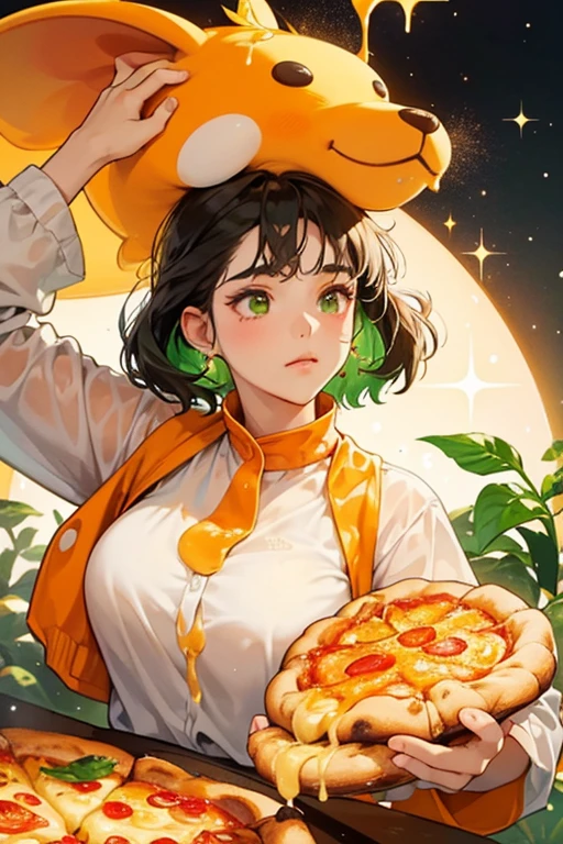 A pizza bear girl Num with a basic expression. sHe has orange sauce around the top of her crust while her left ear is covered with dripping cheese. Melted cheese also comes down her head. sHe has 2 large pepperonis with green herb shavings beside them. SPARKLE; GLITTER