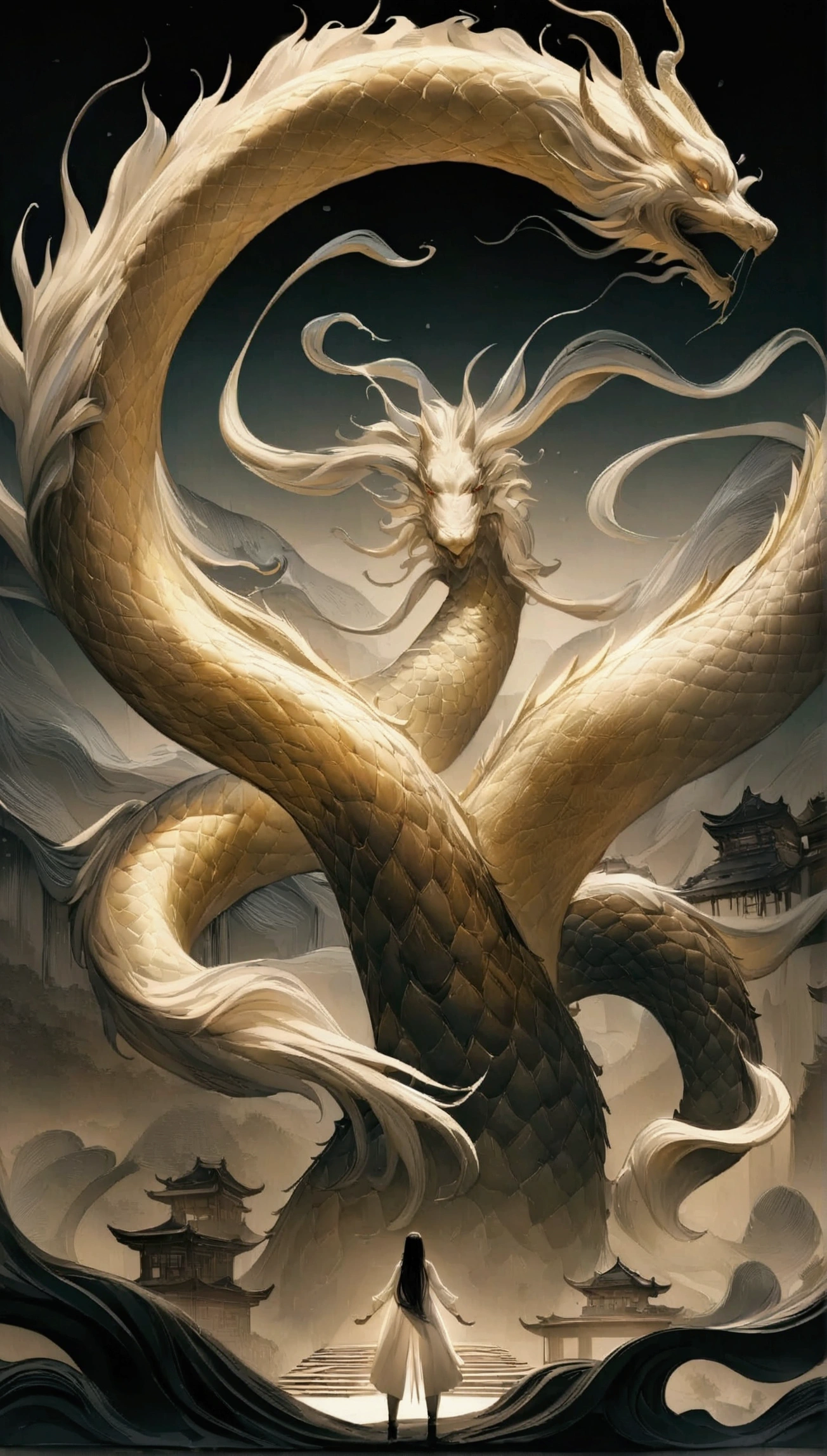 (best quality,8k,Very detailed,surreal:1.2),Chinese scenery,a huge golden dragon,Hands outstretched,Messy long hair,Glowing Effects,surreal,Chinese black and white ink style,brilho prata,Soft colors,Makeup is dirty,ink,Very detailed,high resolution,Physically Based Rendering