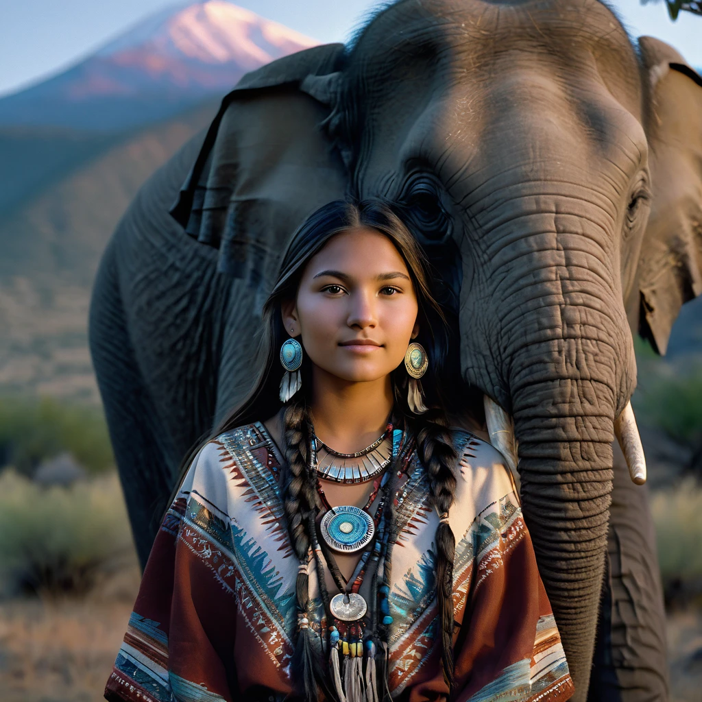 (grainy:0.5), cinematic, beautiful girl 25 year old,native american,fantasy,(solo:1.3), detailed eyes, detailed face, detailed native american clothing , volumetric lighting, dusk, extremely detailed background, standing next to tree and mountain, smiling, half closed eyes, tilted head, from side, sitting next to her elephant