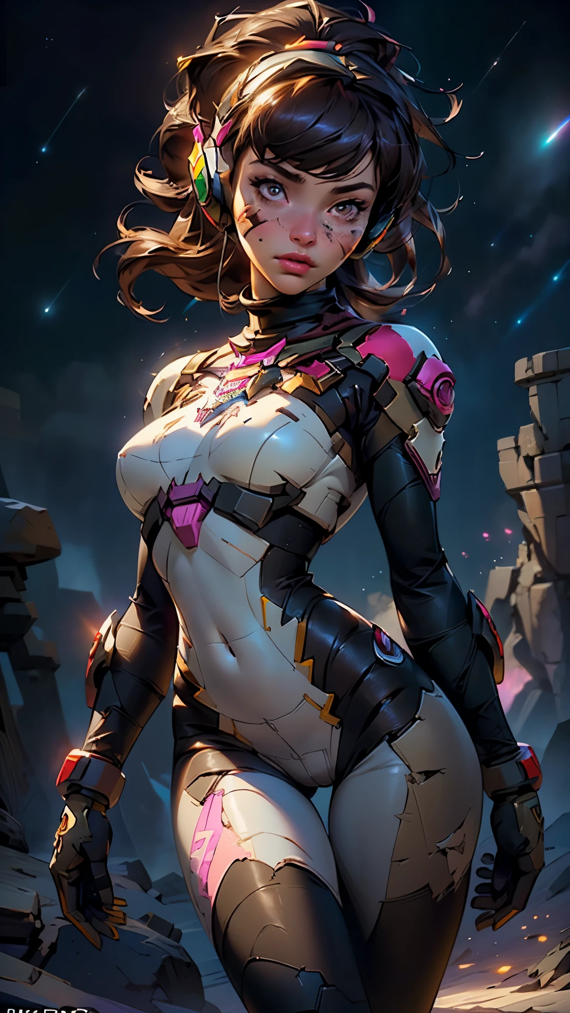 (((d.va,d.va (overwatch),deeva \(overwatch 2 version\), d.va /(overwatch 2/),))),girl,1girl,robot,

(large breasts:1.5),busty,close-up of the chest,((((ponytail, brown hair,swept bangs,long hair)))),(((brown_eyes:1.3))),intricate eyes,beautiful detailed eyes,symmetrical eyes,((((lustrous skin:1.5,bright skin: 1.5,shiny skin,very shiny skin,shiny body)))),(spider lower abdomen,narrow waist,wide hip,athletic body,inflated legs,thick thighs),(((detailed face))),beautiful detailed lips,perfect face,pretty face,big thighs, shapely thighs,slim waist,
 
cute,slutty,sensual,seductive look,seductive,((erotic)),(((nsfw))),sexy facial expressions,seductive facial expressions,

(gloves,white gloves),((headphones)),((bunny print,writing clothes,white armor,bodysuit,pilot suit,ribbed bodysuit,shoulder pads,turtleneck,skin tight,blue bodysuit, long sleeves, )),((pink facial mark)),(pink hairband),(thighhighs),

dynamic pose,looking at viewer,embarrassed,centered,scale to fit dimensions,Rule of thirds,

((Fantastical Bridge Ancient:1.5, dark stone-built, Glowing blue:1.5)),((Starry sky,Unknown constellations)),(Night, Silence,Mystery),((Dark tones in the background)),((broken earth,asteroid field:1.5)),(jagged dark rocks boulders and debris shooting into the air:1.3),Extraterrestrial scenery,dark asteroid belt,surrounded by several dark asteroids glowing with fiery auras, vast and mysterious universe,cosmic landscape,mysterious planet,scenery:1.25,((intricate scenery)),(black background, stars that do not shine, sense of space),

(Glossy Ancient ornaments),highres,sharp focus,(ultra detailed,extremely detailed),(photorealistic artwork:1.37),(extremely detailed CG unity 8k wallpaper),(((vibrant colors,vibrant theme))),(intricate),(masterpiece),(best quality),artistic photography,(photography taken by sldr),(intricate background),perfect rendered face,perfect face details,realistic face,photo realistic,((intricate detail)),(((realism))),
