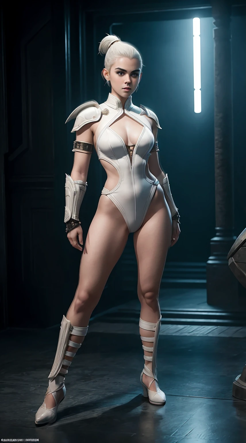 ((Full body photo, standing, on the floor))Kiernan shipka, white one side shaved haircut, in mortal kombat Shao Kahn outfit, full body, provocative pose, cinematic, intricate details, ray tracing, hell background.