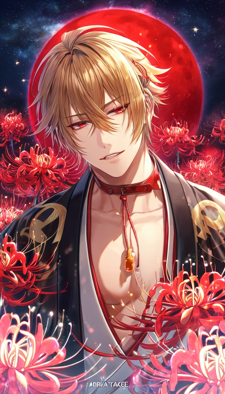 absurdres, highres, ultra detailed, HDR, master piece, best quality, extremely detailed, Kazama Chikage, honey blonde hair, expressive red eyes, Hakuouki, solo, sexy man, handsome, sensual, black haori, white kimono, brown and red collar, fantasy, red blood water, sparkling, red glittering fireflies, red moon, red blossoms, red spider lilies, red sparkling lights, starry sky, magical