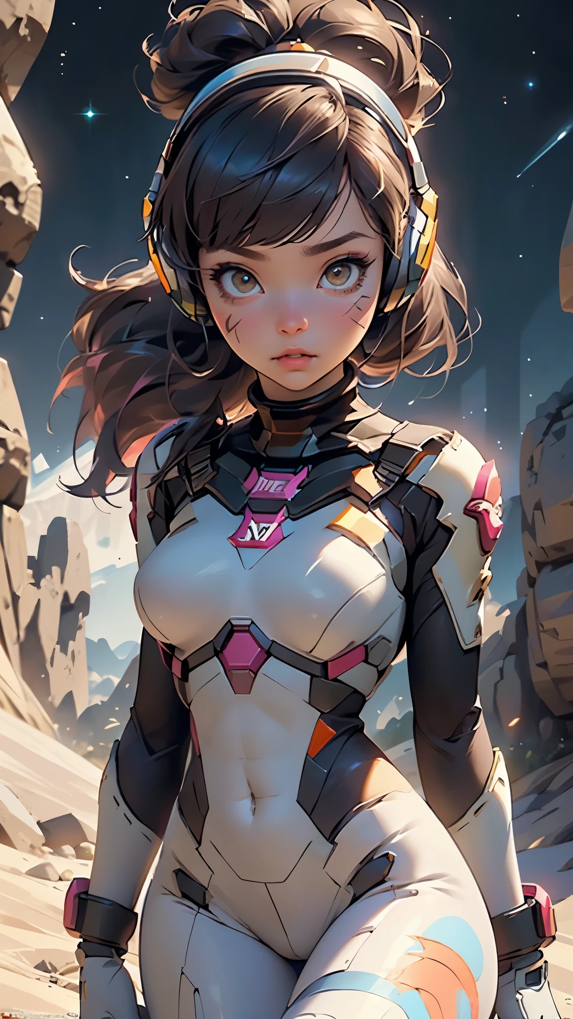 (((d.va,d.va (overwatch),deeva \(overwatch 2 version\), d.va /(overwatch 2/),))),girl,1girl,robot,

(large breasts:1.5),busty,close-up of the chest,((((ponytail, brown hair,swept bangs,long hair)))),(((brown_eyes:1.3))),intricate eyes,beautiful detailed eyes,symmetrical eyes,((((lustrous skin:1.5,bright skin: 1.5,shiny skin,very shiny skin,shiny body)))),(spider lower abdomen,narrow waist,wide hip,athletic body,inflated legs,thick thighs),(((detailed face))),beautiful detailed lips,perfect face,pretty face,big thighs, shapely thighs,slim waist,
 
cute,slutty,sensual,seductive look,seductive,((erotic)),(((nsfw))),sexy facial expressions,seductive facial expressions,

(gloves,white gloves),((headphones)),((bunny print,writing clothes,white armor,bodysuit,pilot suit,ribbed bodysuit,shoulder pads,turtleneck,skin tight,blue bodysuit, long sleeves, )),((pink facial mark)),(pink hairband),(thighhighs),

dynamic pose,looking at viewer,embarrassed,centered,scale to fit dimensions,Rule of thirds,

((Fantastical Bridge Ancient:1.5, dark stone-built, Glowing blue:1.5)),((Starry sky,Unknown constellations)),(Night, Silence,Mystery),((Dark tones in the background)),((broken earth,asteroid field:1.5)),(jagged dark rocks boulders and debris shooting into the air:1.3),Extraterrestrial scenery,dark asteroid belt,surrounded by several dark asteroids glowing with fiery auras, vast and mysterious universe,cosmic landscape,mysterious planet,scenery:1.25,((intricate scenery)),(black background, stars that do not shine, sense of space),

(Glossy Ancient ornaments),highres,sharp focus,(ultra detailed,extremely detailed),(photorealistic artwork:1.37),(extremely detailed CG unity 8k wallpaper),(((vibrant colors,vibrant theme))),(intricate),(masterpiece),(best quality),artistic photography,(photography taken by sldr),(intricate background),perfect rendered face,perfect face details,realistic face,photo realistic,((intricate detail)),(((realism))),
