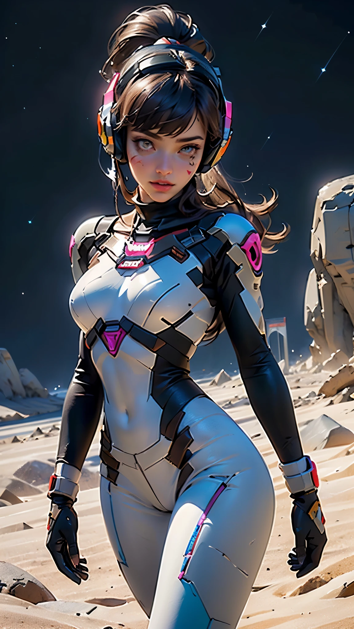 (((d.va,d.va (overwatch),deeva \(overwatch 2 version\), d.va /(overwatch 2/),))),girl,1girl,robot,

(large breasts:1.5),busty,close-up of the chest,((((ponytail, brown hair,swept bangs,long hair)))),(((brown_eyes:1.3))),intricate eyes,beautiful detailed eyes,symmetrical eyes,((((lustrous skin:1.5,bright skin: 1.5,shiny skin,very shiny skin,shiny body)))),(spider lower abdomen,narrow waist,wide hip,athletic body,inflated legs,thick thighs),(((detailed face))),beautiful detailed lips,perfect face,pretty face,big thighs, shapely thighs,slim waist,
 
cute,slutty,sensual,seductive look,seductive,((erotic)),(((nsfw))),sexy facial expressions,seductive facial expressions,

(gloves,white gloves),((headphones)),((bunny print,writing clothes,white armor,bodysuit,pilot suit,ribbed bodysuit,shoulder pads,turtleneck,skin tight,blue bodysuit, long sleeves, )),((pink facial mark)),(pink hairband),(thighhighs),

dynamic pose,looking at viewer,embarrassed,centered,scale to fit dimensions,Rule of thirds,

((Fantastical Bridge Ancient:1.5, dark stone-built, Glowing blue:1.5)),((Starry sky,Unknown constellations)),(Night, Silence,Mystery),((Dark tones in the background)),((broken earth,asteroid field:1.5)),(jagged dark rocks boulders and debris shooting into the air:1.3),Extraterrestrial scenery,dark asteroid belt,surrounded by several dark asteroids glowing with fiery auras, vast and mysterious universe,cosmic landscape,mysterious planet,scenery:1.25,((intricate scenery)),(black background, stars that do not shine, sense of space),

(Glossy Ancient ornaments),highres,sharp focus,(ultra detailed,extremely detailed),(photorealistic artwork:1.37),(extremely detailed CG unity 8k wallpaper),(((vibrant colors,vibrant theme))),(intricate),(masterpiece),(best quality),artistic photography,(photography taken by sldr),(intricate background),perfect rendered face,perfect face details,realistic face,photo realistic,((intricate detail)),(((realism))),
