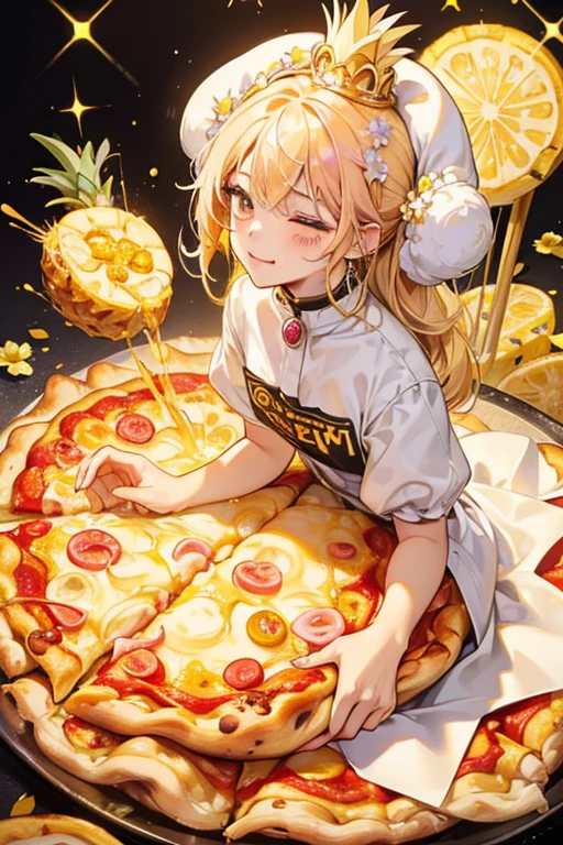 A golden-yellow pizza girl kitty with a squinting eye and no mouth. Crust circles her bottom, while white gooey cheese covers the top of her head, adorned with a magneta flower, piece of ham and a slice of pineapple.  SPARKLE; GLITTER