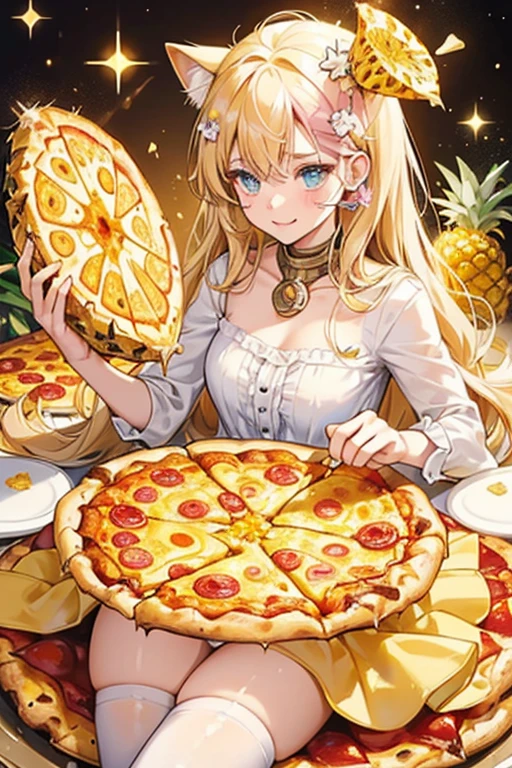 A golden-yellow pizza girl kitty with a squinting eye and no mouth. Crust circles her bottom, while white gooey cheese covers the top of her head, adorned with a magneta flower, piece of ham and a slice of pineapple. SPARKLE; GLITTER