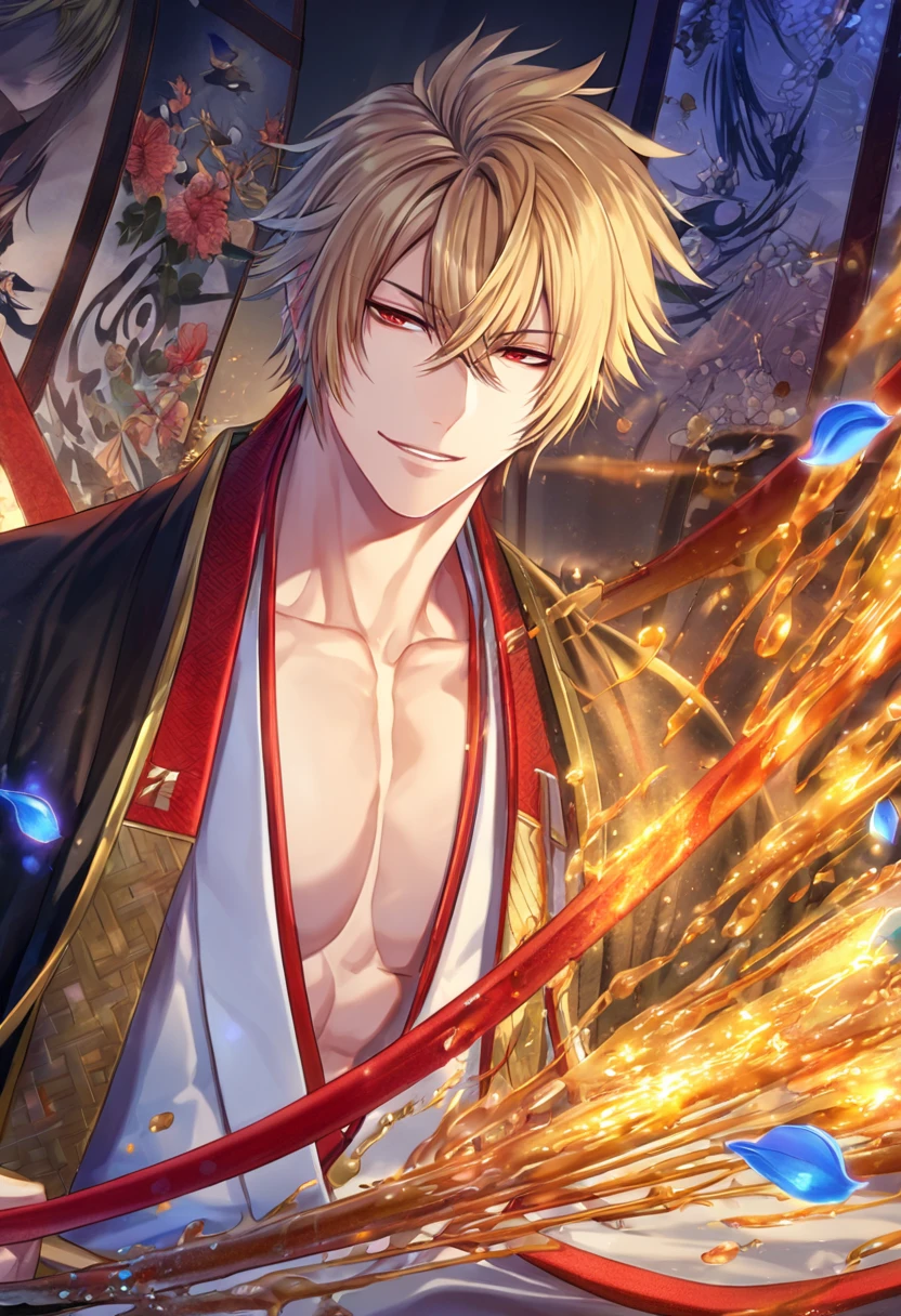 absurdres, highres, ultra detailed, HDR, master piece, Kazama Chikage, honey blonde hair, expressive red eyes, white kimono with red trim, a dark-brown collar with yellow and red trim, black haori with yellow trim, Hakuouki, sexy man, room, handsome, best quality, red flowers, fantasy, magical, solo, red shining fireflies, blue petals, sensual, handsome smile