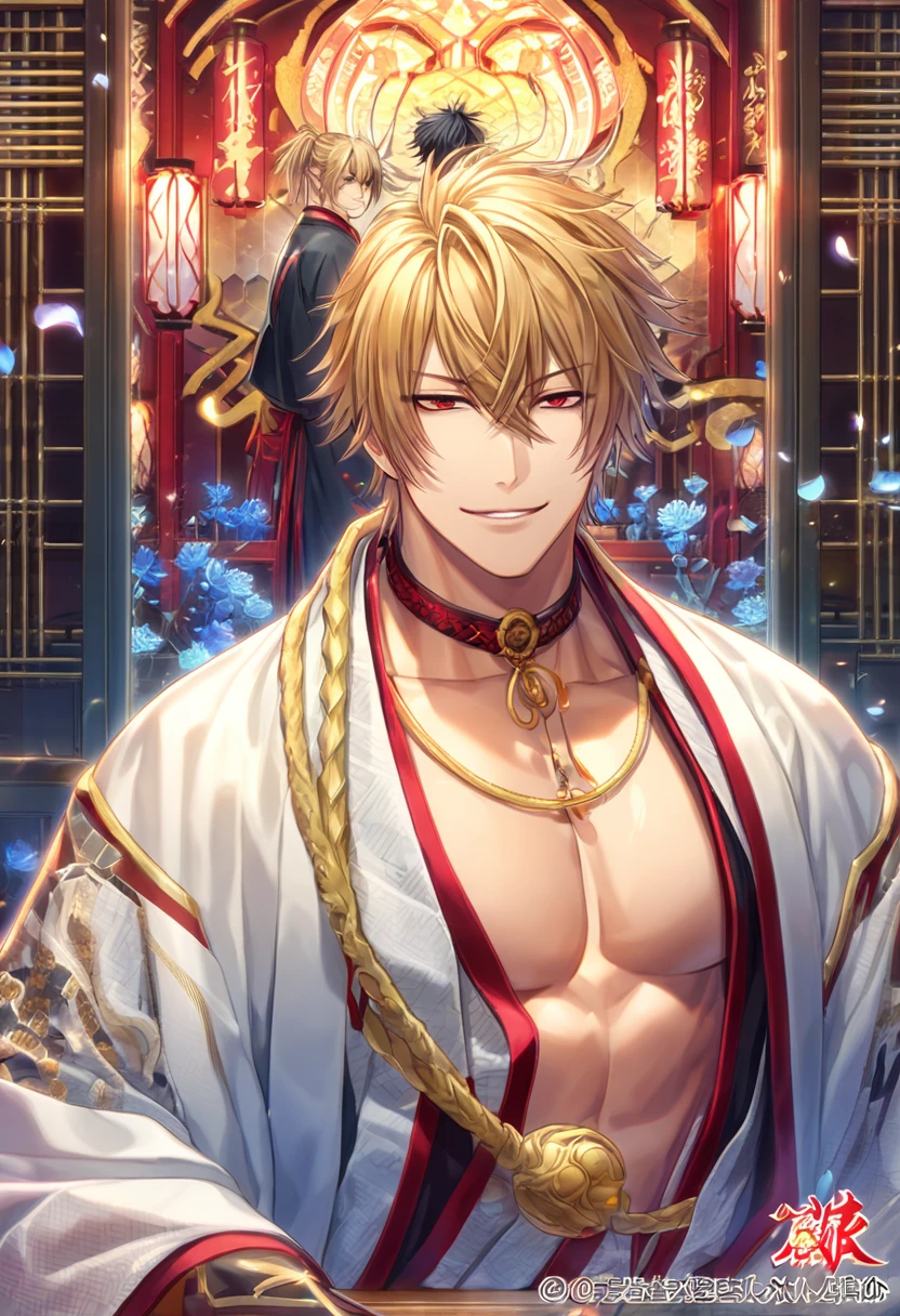 absurdres, highres, ultra detailed, HDR, master piece, Kazama Chikage, honey blonde hair, expressive red eyes, white kimono with red trim, a dark-brown collar with yellow and red trim, black haori with yellow trim, Hakuouki, sexy man, room, handsome, best quality, red flowers, fantasy, magical, solo, red shining fireflies, blue petals, sensual, handsome smile