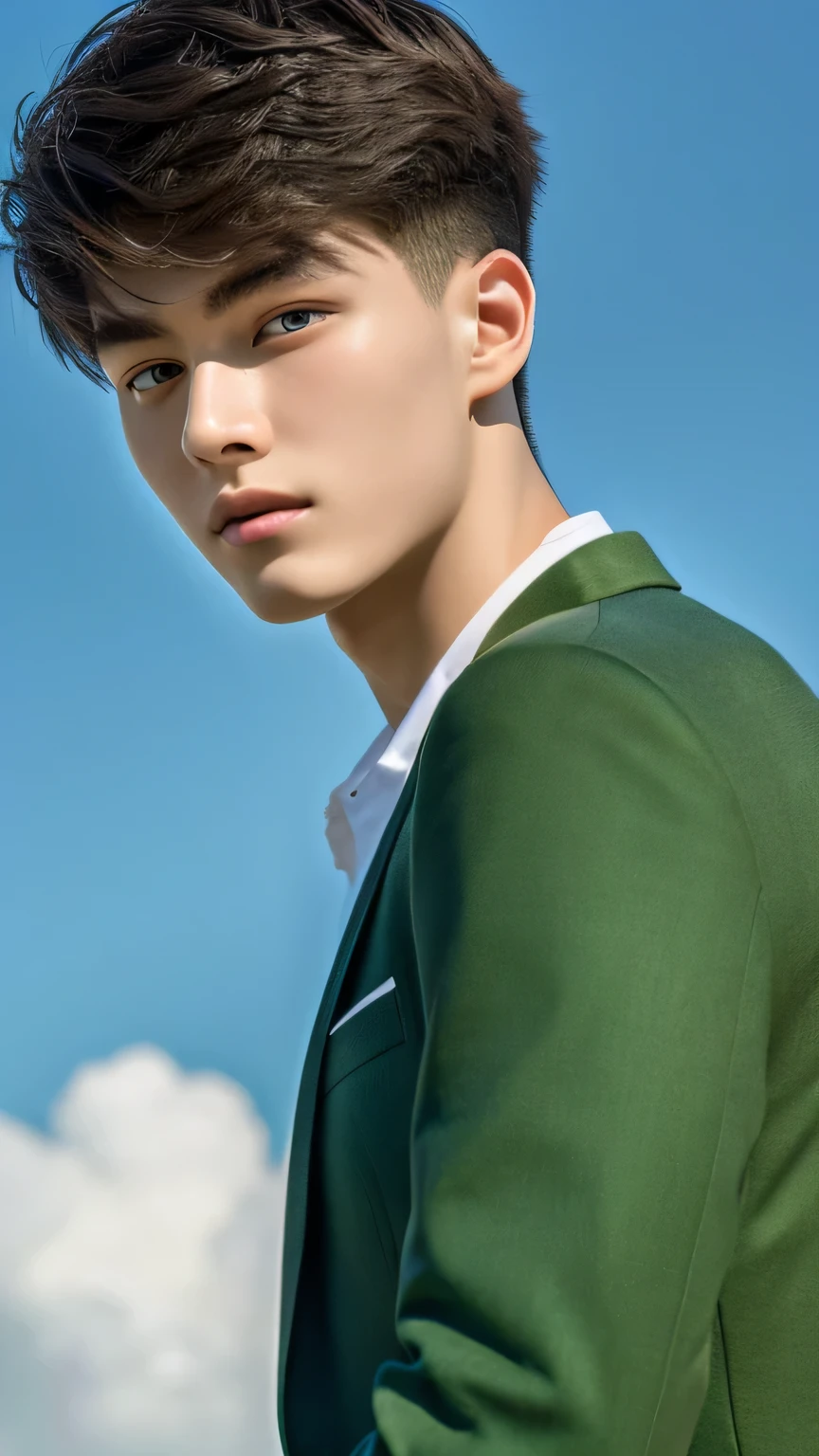 Highest quality, masterpiece, Ultra-high resolution, (Realistic: 1.4), Original photo, wallpaper, Head Photo, skin, Simple Background, Iris, detailed, Selfie, 1 boy, 18-year-old, good looking, Wind,Green suit、town