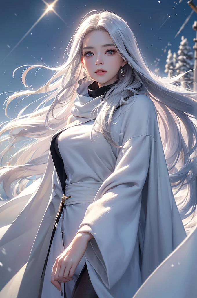 ((masterpiece:1.5、8k、Portraiture、フォトリアリスティックでVery detailedなCG、Very detailed、Particle Effects、Dynamic Effects、Shallow depth of field、Cinematic Light、Lens flare、Ray Tracing、Tabletop、Realistic:1.4、Ultra-high resolution:1.2、Realistic、Realistic))((alone、,A woman wearing a cashmere coat over an off-the-shoulder dress:1.4、wear a long scarf、Elegant woman posing、Detailed face、bright表情、young, bright, Whiter skin、Ample 、Best Looks、Ultimate beauty、Shiny silver hair with highlights、bright and shiny hair,、Super long, Silky straight hair、Hair dancing in the wind))(morning、The setting is outdoors in the snow、Surrounded by illuminations)
