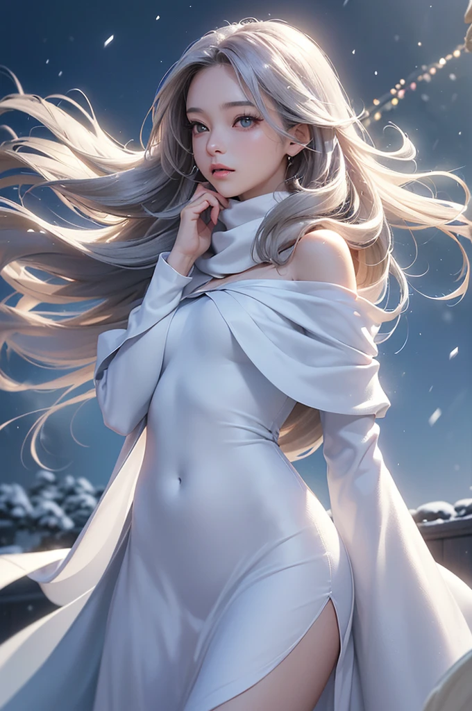 ((masterpiece:1.5、8k、Portraiture、フォトリアリスティックでVery detailedなCG、Very detailed、Particle Effects、Dynamic Effects、Shallow depth of field、Cinematic Light、Lens flare、Ray Tracing、Tabletop、Realistic:1.4、Ultra-high resolution:1.2、Realistic、Realistic))((alone、,A woman wearing a cashmere coat over an off-the-shoulder dress:1.4、wear a long scarf、Elegant woman posing、Detailed face、bright表情、young, bright, Whiter skin、Ample breasts、Best Looks、Ultimate beauty、Shiny silver hair with highlights、bright and shiny hair,、Super long, Silky straight hair、Hair dancing in the wind))(morning、The setting is outdoors in the snow、Surrounded by illuminations)