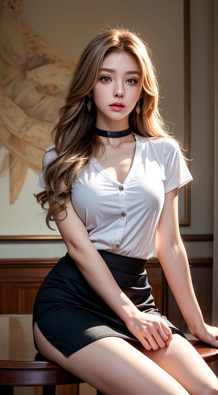 (masterpiece, Highest quality, alone, รายละเอียดที่Complex, chromatic aberration), Realistic, ((Proper breathing)), Hair in one eye,Purple eyes, Earrings, Sharp eyes, choker,Diamond Pendants, (Symmetrical eyes),(Perfectly symmetrical body),Beautiful 20 year old girl photo,(Fits your body), Beautiful and attractive contemporary fashion paintings......, Looking at the audience, ((Classroom Background)), (1. Teenage Girl),(Black short skirt), (White short sleeve, Fits your bodyシャツ., Undo two buttons, A little breast exposed..), ((Short black pencil skirt with deep side slits....)), เข็มscrubน้ำตาล, ((Hands down.)),Copper Blonde Hair, Bob, Long Hair, Side Flatness,Round chin, Art Lens 85mm, Sharp focus, High resolution 8k, Crazy Details, Complex, elegant,Sitting at a study desk、Raise one leg to eye level..., The legs are slightly spread...,Dynamic gestures, sitting at a table in a luxury hotel room reading a book. Spread your legs and turn your head、Make it at eye level.. Spread your legs a little..,Lift your right foot over your left foot., Rest naturally at eye level.., Spread your legs a little. Dynamic gestures,scrub,Engineer boot,Muscular legs,Beautiful Muscles,Don&#39;T-Pop.,Not naked.,race,(Dark blue short-sleeved lab coat..)
