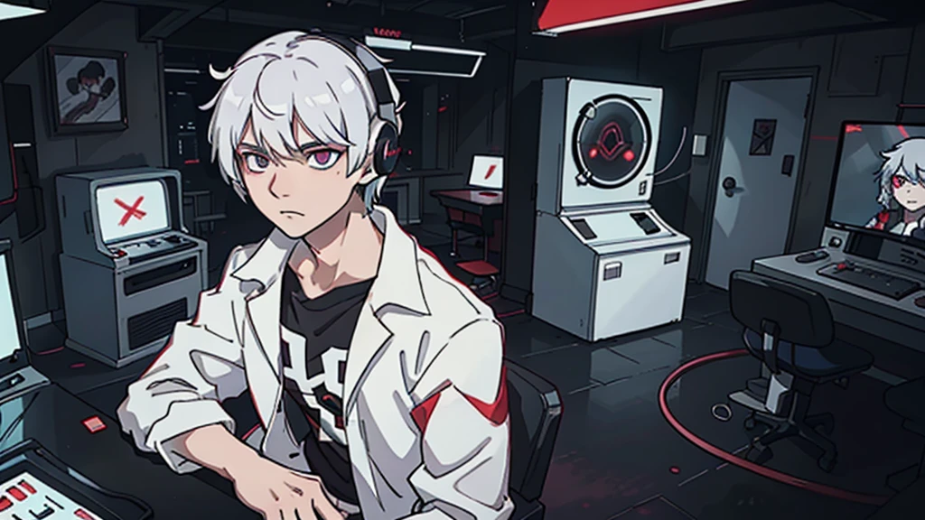 kaneki ken, White hair, Eyes red, black tee, pale skin, listening to music with headphones in room full of arcades, 80s style, With neon lights.