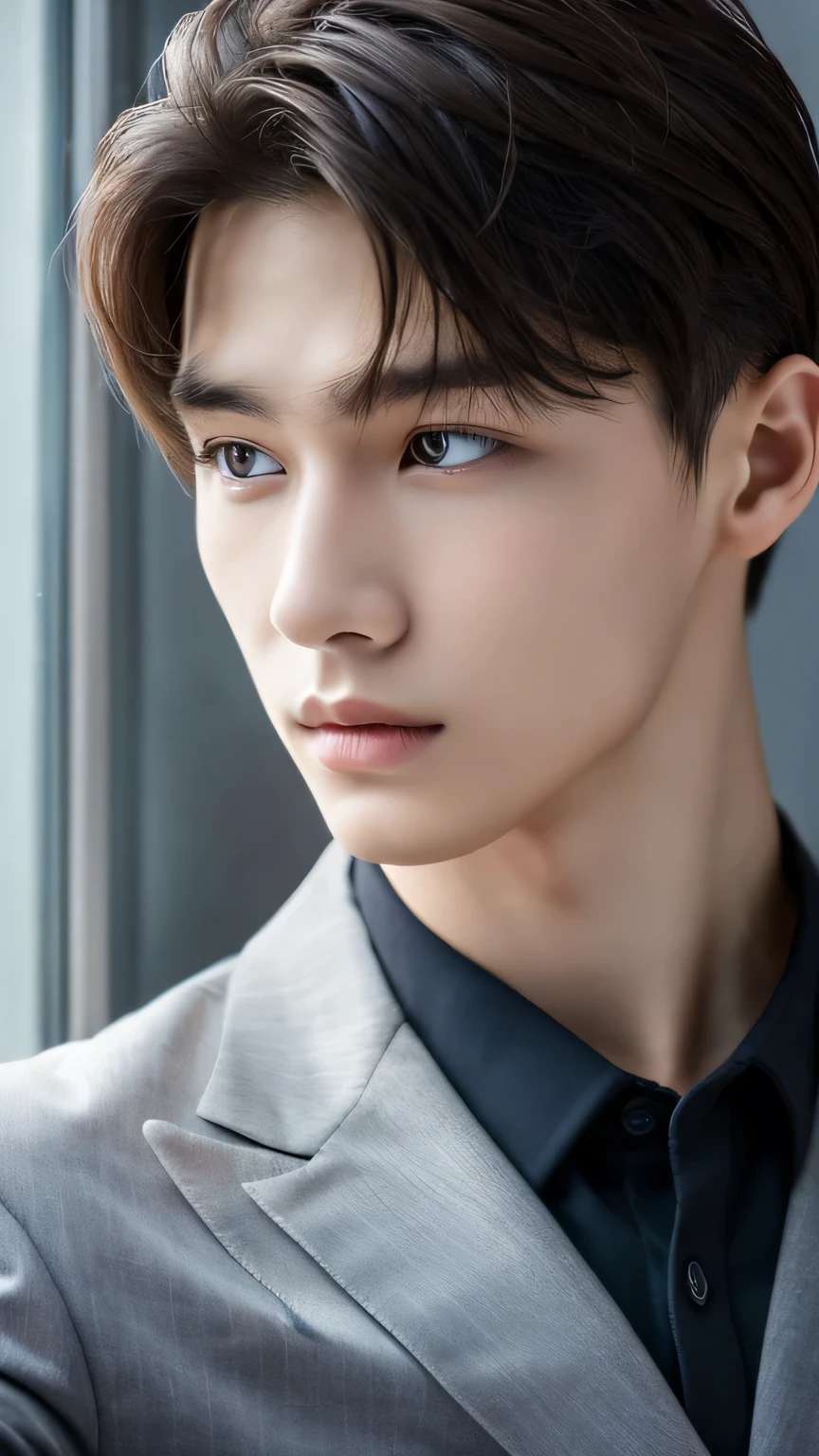 Highest quality, masterpiece, Ultra-high resolution, (Realistic: 1.4), Original photo, wallpaper, Head Photo, skin, Simple Background, Iris, detailed, Selfie, 1 boy, 18-year-old, good looking, Wind,Grey suit