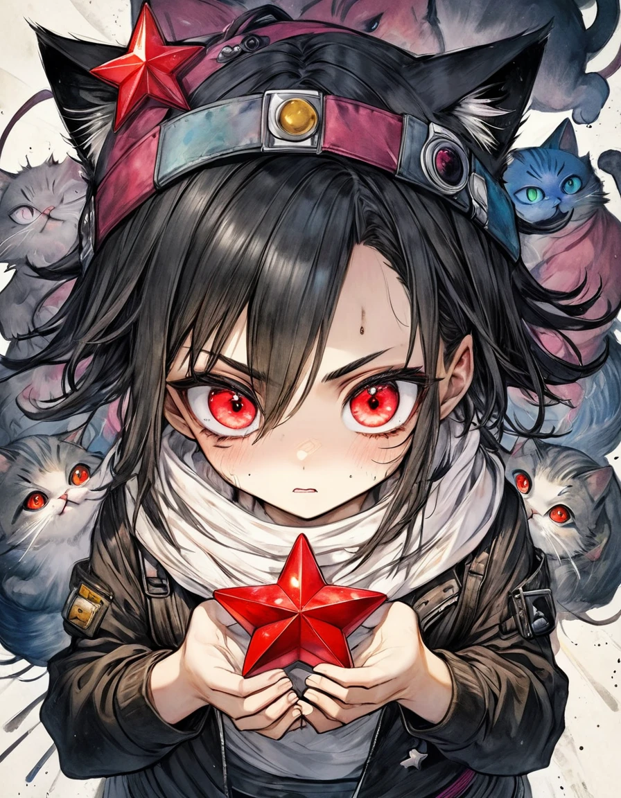 anime 2.5d vivid color, stars and fun cats, magical, rough, vegeta punk girl, owersized fashion grunge fashion, top view, ((holding red star in hands)) dystopian,ugh shading, Surréalisme, watercolor painting style, stylize 1000, line art, watercolor wash, by inacofairy,rugged, dirty, big eyes, reflective eyes, perfects eyes, Gritty Realism, dirt, dark, glowing eyes, anime style, intricate detailed, bright colors, fantasy, concept art, digital art, intricate, oil on canvas