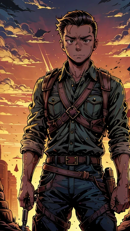 (Teens:1boy: Tintin,t3mu1), (extremely detailed CG unit 8k wallpaper),(master part), (best quality), (ultra detail), (best illustration),(in style of Dan Mumford), cowboy shot, (Sharp eyeliner, ombre, detailed eyes:1), ancient tomb background, ,break , (fine line art), upper body,short hair, black hair,white top,brown pants