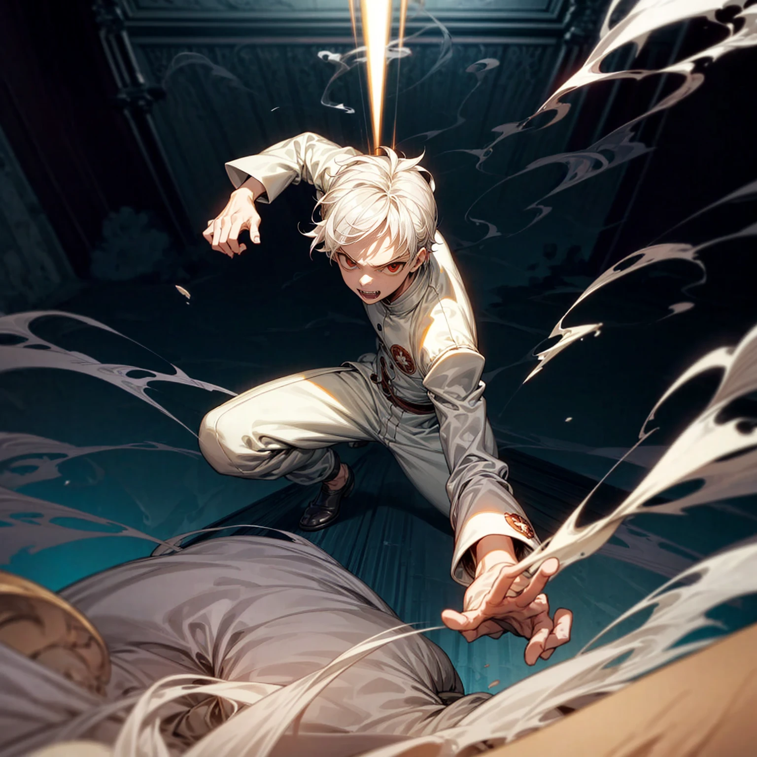Solo, ??? vampire, ??? boy, Full body version, light red eyes, wavy haircut, white color hair, suit style outfit, Grassroots, full background indoor room Castle, motion blur, lighting, (one piece style art), smoke on hand, smoke in hand, battle gesture