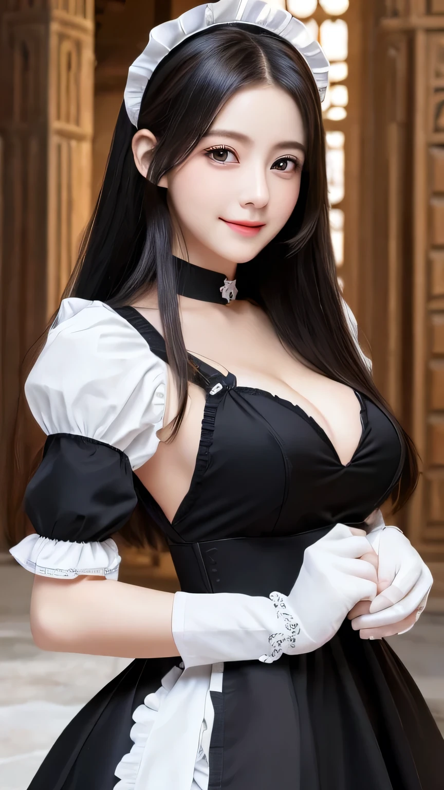 Non-NSFW、Real、Highest quality、Highest quality、masterpiece、Ultra-high resolution、RAW Photos、Real、Bright lighting、Face Light、Smooth Professional Lighting、Looking into the camera、alone、Adult women、Beautiful woman、Super Beauty、Realな肌、Moisturized Skin、Realな目と顔、Perfect model body、Beautiful Eyes、Big eyes、Inconspicuous tear bags、slim、No bra、Beautiful fingers、Very long hair、Jet Black Hair、black eye、looks happy、(Both ears are hidden by hair)、Fantasy World、Medieval Europe、saint、(((Neat and Clean Maid)))、Inside the temple、(black and white outfit:)、Small Ass、(Small breasts:1.1)、(Venus' Nipples:1.1)、Königsreuter, (Black French Maid Uniform:1.7), (white Stockings and Garter Set:1.2), (Headdress),(high heels:1.2), (Short frilly salon apron:1.2)、(Leaning forward:1.2)、(From above:1.5)