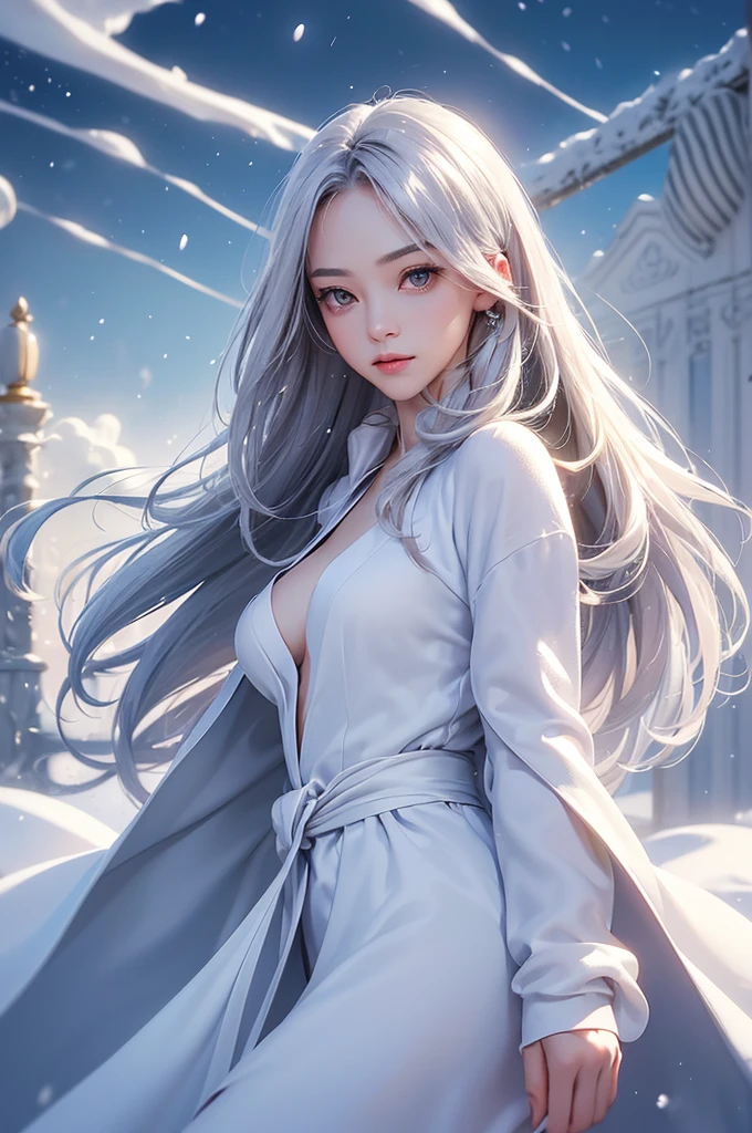 ((masterpiece:1.5、8k、Portraiture、フォトリアリスティックでVery detailedなCG、Very detailed、Particle Effects、Dynamic Effects、Shallow depth of field、Cinematic Light、Lens flare、Ray Tracing、Tabletop、Realistic:1.4、Ultra-high resolution:1.2、Realistic、Realistic))((alone、Woman wearing a cashmere coat:1.4、Elegant woman posing、Detailed face、bright表情、young, bright, Whiter skin、Ample 、Best Looks、Ultimate beauty、Shiny silver hair with highlights、bright and shiny hair,、Super long, Silky straight hair、Hair dancing in the wind))(morning、The setting is outdoors in the snow、Surrounded by illuminations)