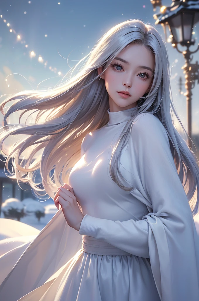 ((masterpiece:1.5、8k、Portraiture、フォトリアリスティックでVery detailedなCG、Very detailed、Particle Effects、Dynamic Effects、Shallow depth of field、Cinematic Light、Lens flare、Ray Tracing、Tabletop、Realistic:1.4、Ultra-high resolution:1.2、Realistic、Realistic))((alone、Woman wearing a cashmere coat:1.4、Elegant woman posing、Detailed face、bright表情、young, bright, Whiter skin、Ample breasts、Best Looks、Ultimate beauty、Shiny silver hair with highlights、bright and shiny hair,、Super long, Silky straight hair、Hair dancing in the wind))(morning、The setting is outdoors in the snow、Surrounded by illuminations)
