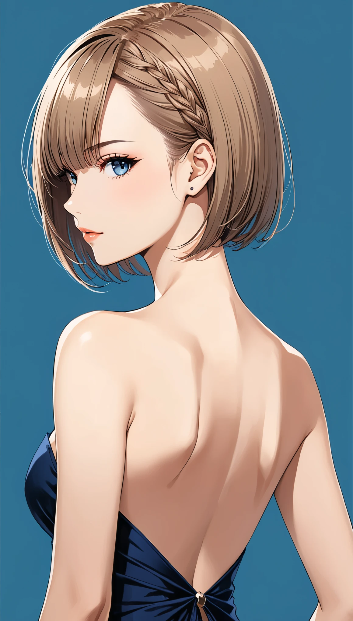 in style of Santiago Caruso,1girl,solo,Blue Background,Full breasts,looking at viewer,(Soft and straight short hair with long bangs:1.5),Simple style,wide angle,Dynamic Angle,Slanted screen composition,(bangs_pinned_back:1.5),(head_tilt:1.7),blush visible through hair,(cuvry body:1.8),Fixed angle multiple postures,