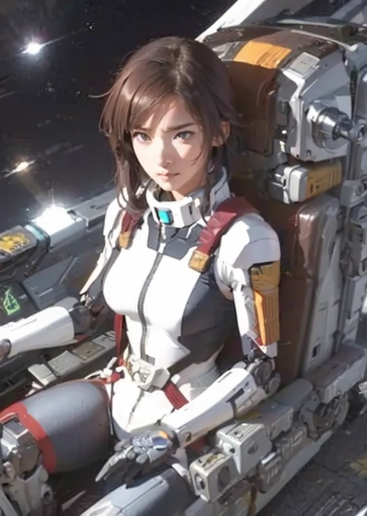 8k,Realistic skin texture、Superrealism、Realistic photos、Near future軍所属の日系女性パイロットが大型ロボットの腹部に設置されたコックピットに乗っている、Damaged moss green combat armored robot、Skull mark on armor、Near future、Unit Paint and Identification Number、Peeling paint、oil stains、Detailed Description、Dynamic pose、Armored Core