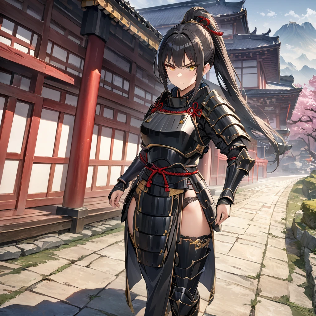 A woman wearing black heavy samurai armor with gold details, black hair, ponytail hair, yellow eyes, full body, serious face, on an ancient Japanese road, Japanese palace in the background with sakura trees around, HDR, ultra resolution, very detailed, masterpiece, ultra quality, 4K HD. (solo, just one woman)
