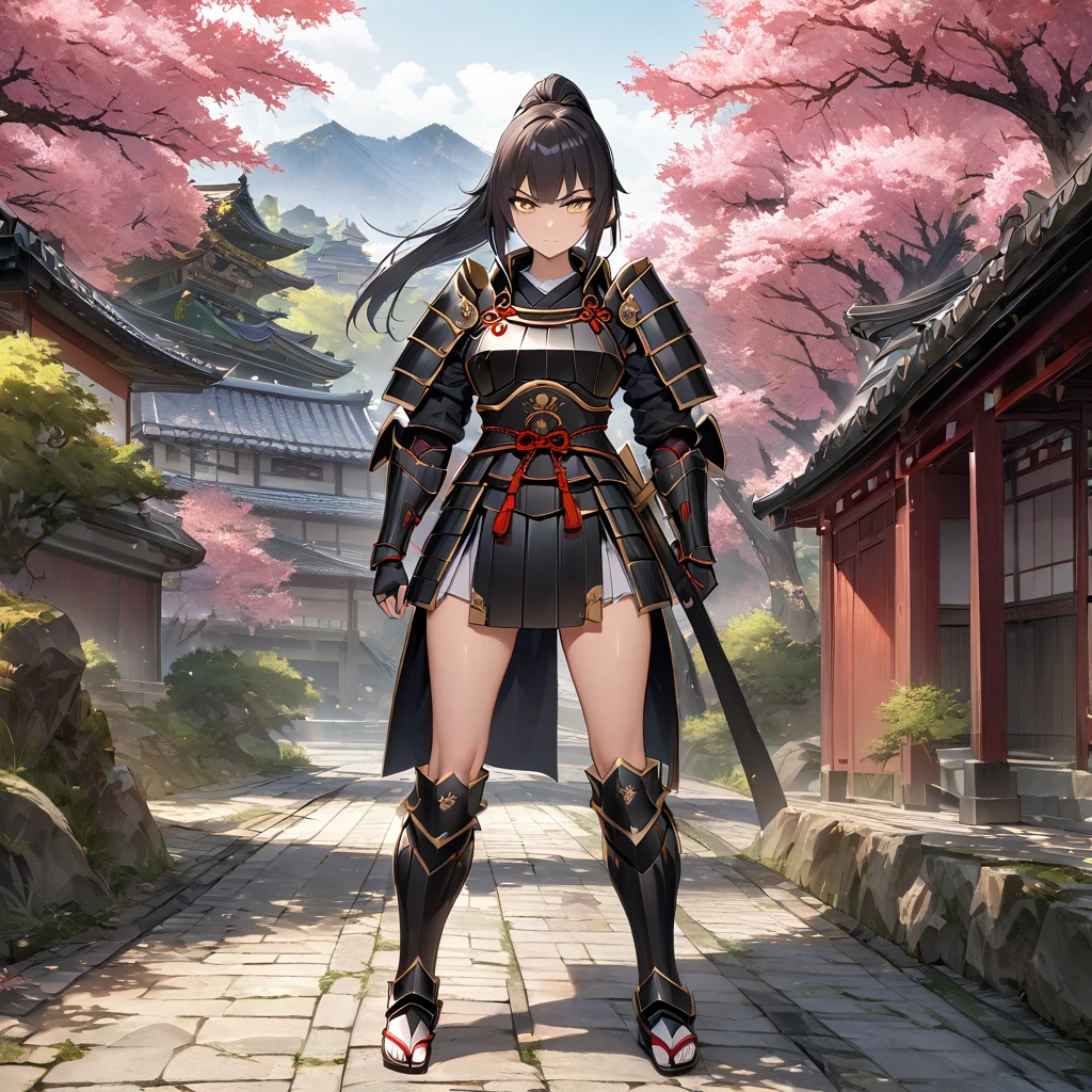 A woman wearing black heavy samurai armor with gold details, black hair, ponytail hair, yellow eyes, full body, serious face, on an ancient Japanese road, Japanese palace in the background with sakura trees around, HDR, ultra resolution, very detailed, masterpiece, ultra quality, 4K HD. (solo, just one woman)
