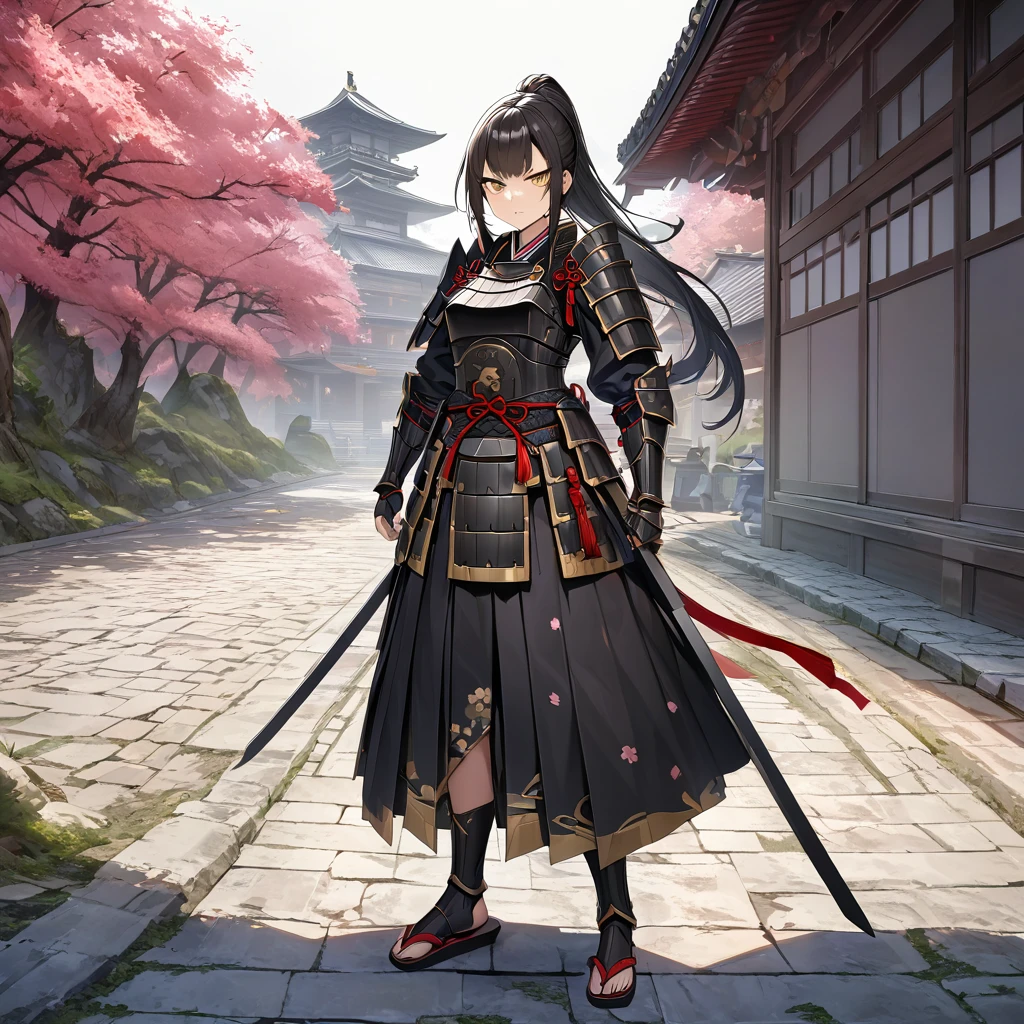 A woman wearing black heavy samurai armor with gold details, black hair, ponytail hair, yellow eyes, full body, serious face, on an ancient Japanese road, Japanese palace in the background with sakura trees around, HDR, ultra resolution, very detailed, masterpiece, ultra quality, 4K HD. (solo, just one woman)
