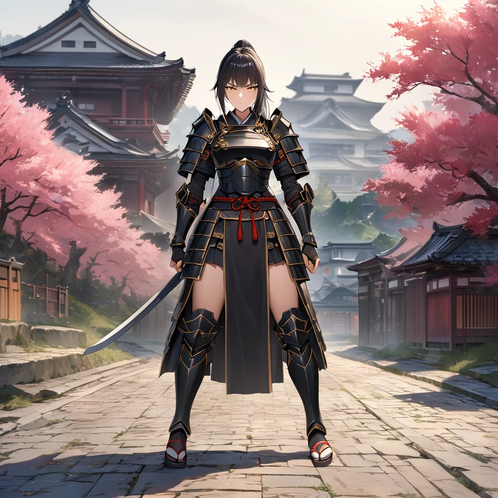 A woman wearing black heavy samurai armor with gold details, black hair, ponytail hair, yellow eyes, full body, serious face, on an ancient Japanese road, Japanese palace in the background with sakura trees around, HDR, ultra resolution, very detailed, masterpiece, ultra quality, 4K HD. (solo, just one woman)
