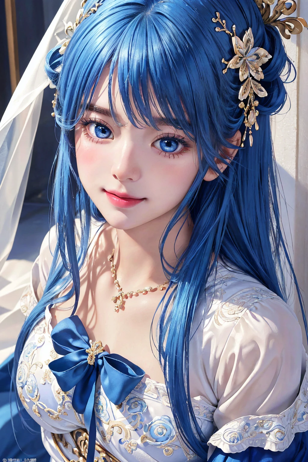 (masterpiece:1.2, Highest quality), (Realistic, photoRealistic:1.4), Ultimate beauty、mature, (Intricate details), unity 8k wallpaper, Super detailed, beautifully、aesthetic, Perfect lighting, (One girl), (Blue Hair, blue eye, Medium chest),, Dynamic pose, Dynamic Angle,  lipstick, slim, slim body, Medium chest, , Detailed Background, Realistic, alone, Face in perfect detail, detailed eye, Very detailed, blush, hair ornaments, rolling_eye, squint,beautiful girl、、カメラeye線、Looking at the front、Bust up shot、(smile、I&#39;m worried、Open your mouth:1.2)、