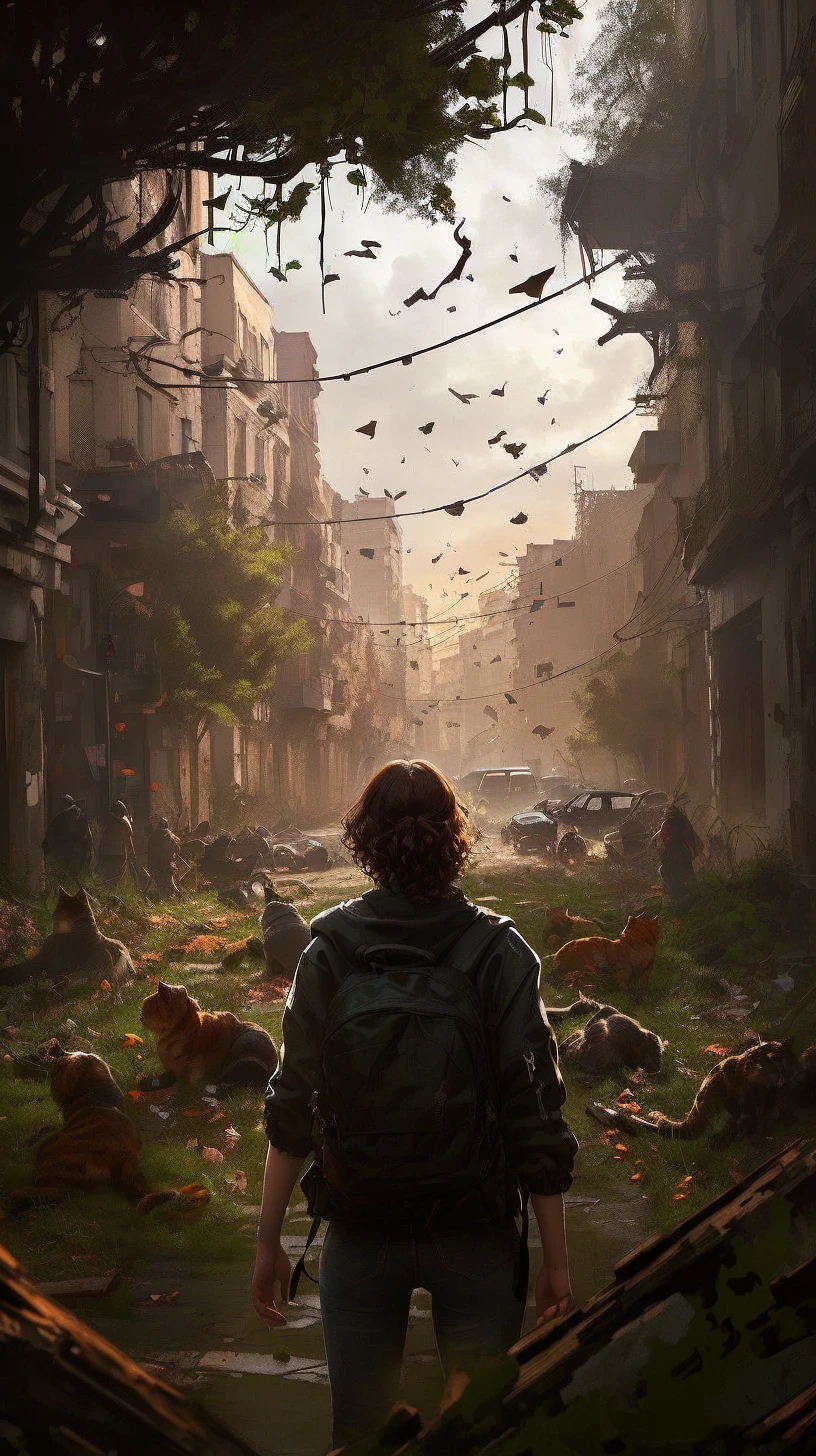 Girl looking at the background, by the wide, Curly hair, Brown hair, a lot of hair, Hooded coat, opaque green coat, Whole body, jeans, converse shoes, cat next to the girl(orange colos cat), ruined city background, weeds between the broken streets, destroyed buildings, building debris, a backpack on the girl's back, holding an ax, High resolution, masterpiece, anatomically correct, necessary, detail, Long hair, Brown hair, very long hair, blurred, depth of field, illustration,
