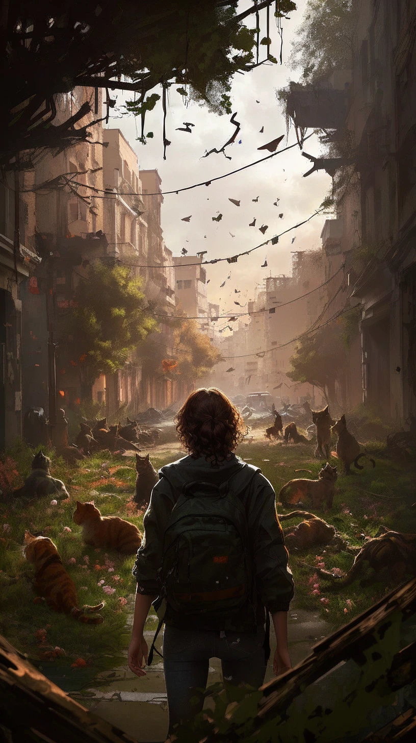 Girl looking at the background, by the wide, Curly hair, Brown hair, a lot of hair, Hooded coat, opaque green coat, Whole body, jeans, converse shoes, cat next to the girl(orange colos cat), ruined city background, weeds between the broken streets, destroyed buildings, building debris, a backpack on the girl&#39;s back, holding an ax, High resolution, masterpiece, anatomically correct, necessary, detail, Long hair, Brown hair, very long hair, blurred, depth of field, illustration, 