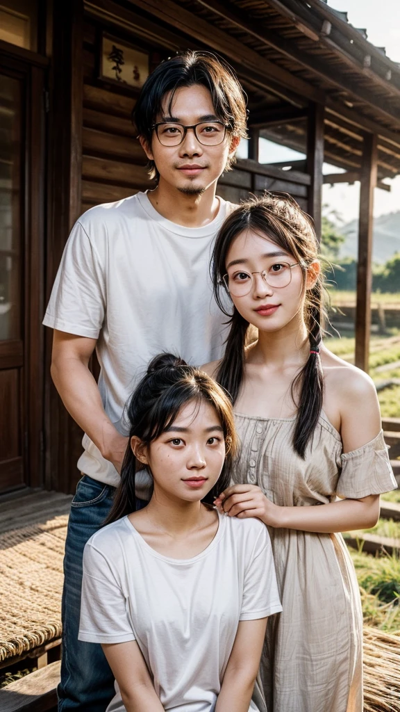 "A 34-year-old Indonesian man with glasses and short, messy hair sits between two pregnant 18-year-old Korean women with ponytail hairstyles and braided backs. The background is a countryside setting with a wooden building and rice fields illuminated by the evening sunlight. All three appear happy and smiling."