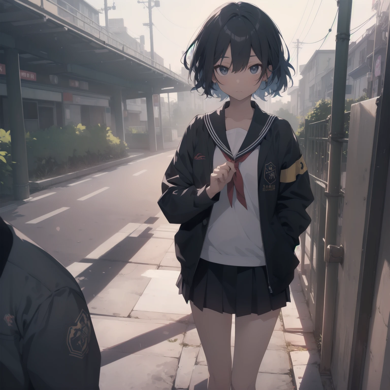 ultra-absurdres-Top quality by artist God, ultra-detailed, high resolution, anime moe artstyle, best anime 8k konachan wallpaper, pixiv contest winner, pool:2810, perfect anatomy,break, 1girl, (Please draw a girl walking sleepily to school alone. )break,(Solo,little female, 13-year-old:1.3),Full limbs, complete fingers,a junior high school student, (very short hair), short cut, flat chest, , small butt, small black eyes, beautiful detailed eyes, well-proportioned iris and pupils, expressive eyes, highres detailed hair, soft expression, salor school_uniform, sailor collar, serahuku, bow, pleated skirt,(Detailed Lighting), (Detailed background), in the School commute route. break,super detailed skin, Best cinematic lighting powered by famous artist, 8k,beauty illustration,photoshop_(medium),very aesthetic,break,((artist:anti_(untea9) )), artist:clamp ,artist:carnelian ,artist:kantoku ,
