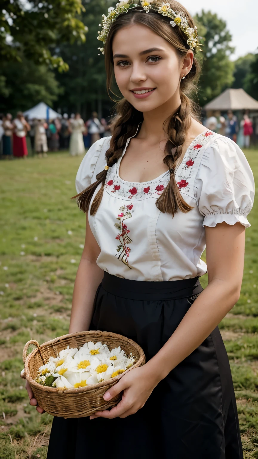 front view, stand on grass, looking at viewer, female 20 years-old, (brown hair ,double braid, smile), flower crown, slime body, traditional German costumes from the 1930s. (The women are wearing embroidered Dirndls, which include a close-fitting bodice with a low neckline, a blouse worn under the bodice), (Black wide high-waisted skirt, An ankle-length skirt ), (White apron, flower arrange embroidered apron), tradition shoes, The setting is a rural village during a festival, with people engaging in traditional activities and celebrating their heritage .textured skin , HI detailed skin, (foreshortening, Canon, 8K, anatomically correct, super detail, high details, highness)