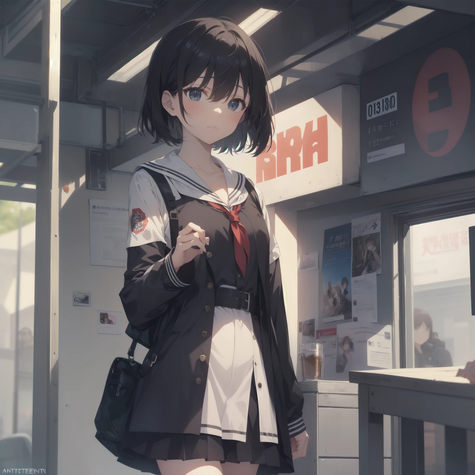 ultra-absurdres-Top quality by artist God, ultra-detailed, high resolution, anime moe artstyle, best anime 8k konachan wallpaper, pixiv contest winner, pool:2810, perfect anatomy,break, 1girl, (Please draw a girl walking sleepily to school alone. )break,(Solo,little female, 13-year-old:1.3),Full limbs, complete fingers,a junior high school student, (very short hair), short cut, flat chest, , small butt, small black eyes, beautiful detailed eyes, well-proportioned iris and pupils, expressive eyes, highres detailed hair, soft expression, salor school_uniform, sailor collar, serahuku, bow, pleated skirt,(Detailed Lighting), (Detailed background), in the School commute route. break,super detailed skin, Best cinematic lighting powered by famous artist, 8k,beauty illustration,photoshop_(medium),very aesthetic,break,((artist:anti_(untea9) )), artist:clamp ,artist:carnelian ,artist:kantoku ,